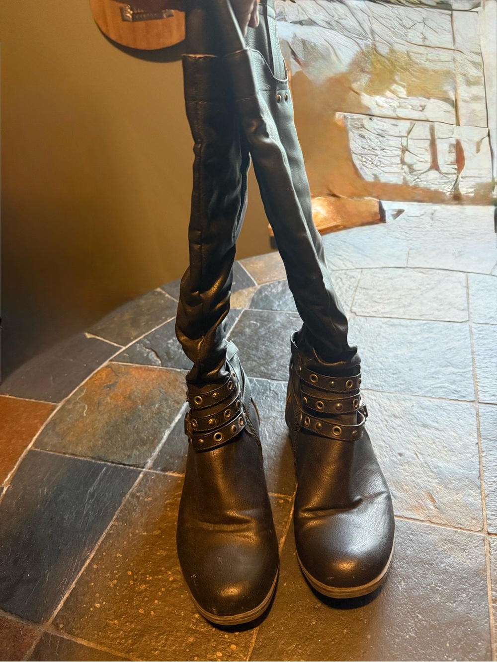 XOXO Black Over-the-Knee Heeled Boots with Buckle Straps